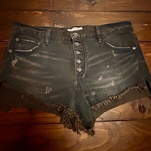 Free People Black Button-Fly Denim Frayed Hem Shorts SZ 28 Festival Grunge
